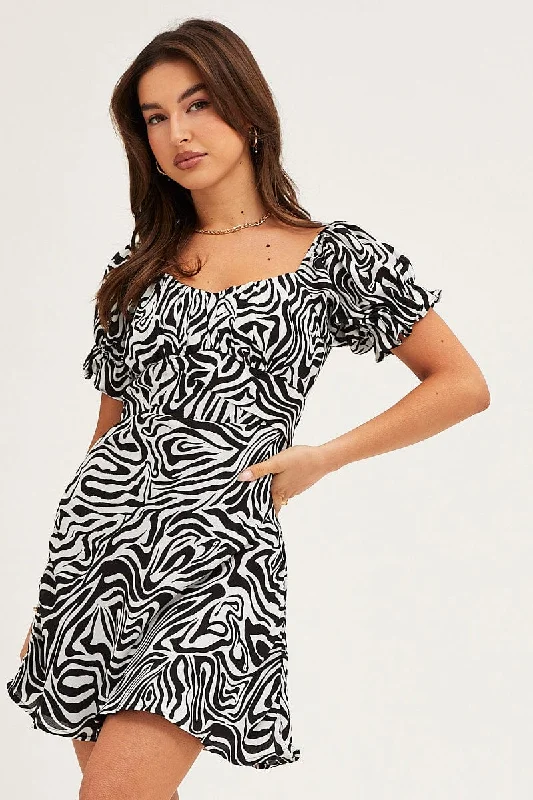 Puffy tufted dress-Print Midi Dress Short Sleeve Evening