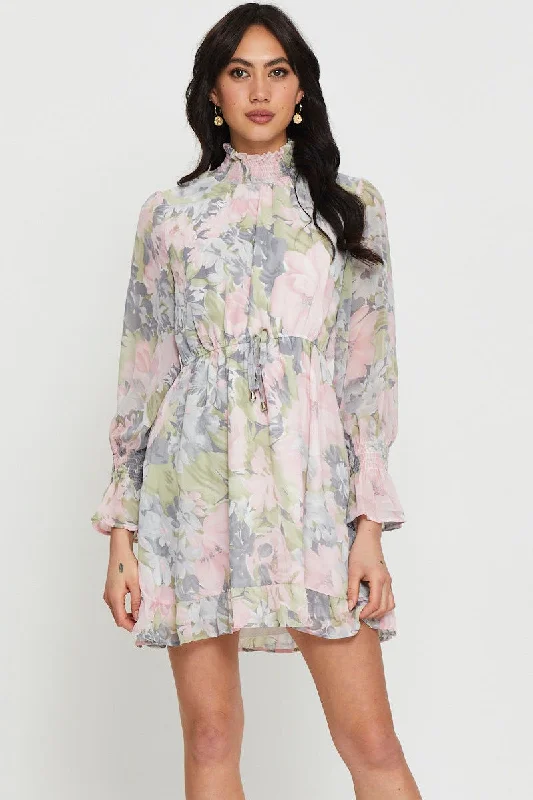 Spectrum floral dress-Print Mini Dress Long Sleeve