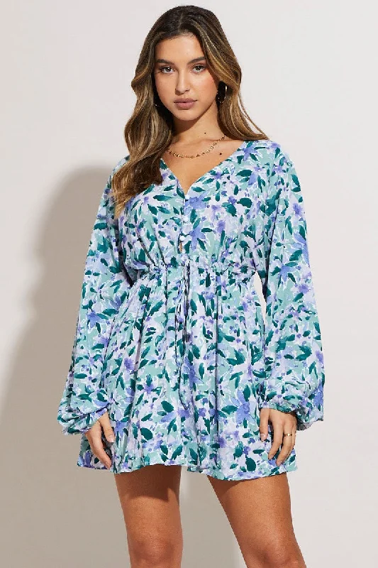 Shadow lace dress-Print Mini Dress Long Sleeve