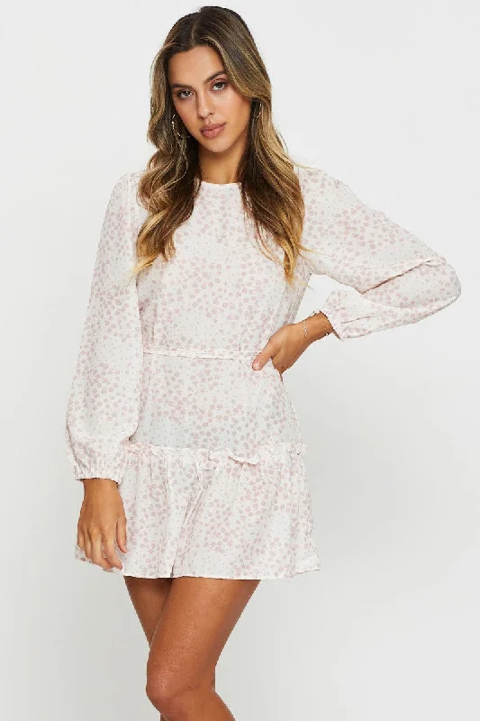 Rivet studded dress-Print Mini Dress Long Sleeve