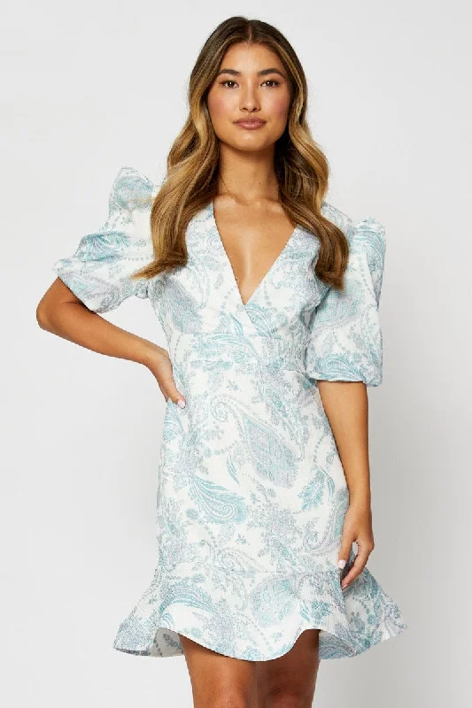 Gathered ruffle dress-Print Mini Dress V Neck