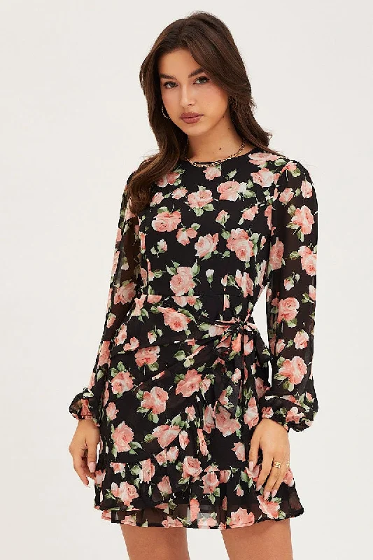 Woven embroidered dress-Print Wrap Dress Long Sleeve Mini Ruffle