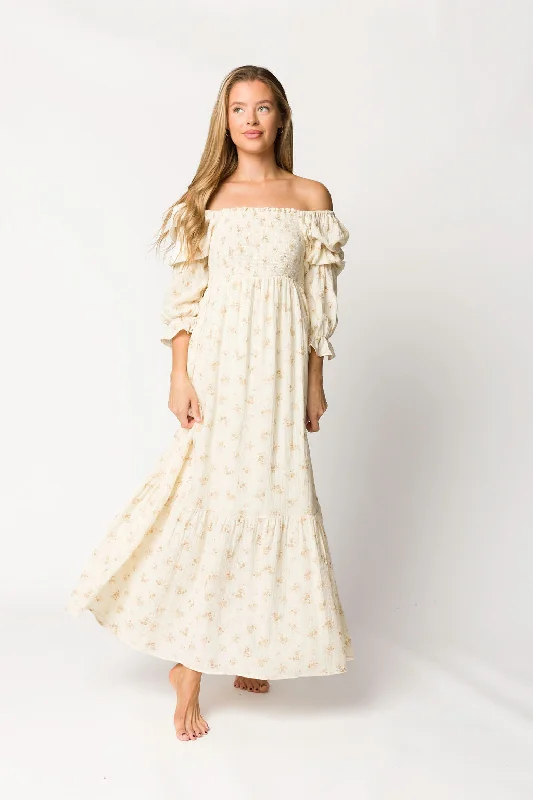 Hot fitted dress-Emerson Smocked Gauze Maxi Dress with Long Sleeves in Natural - Bump Friendly