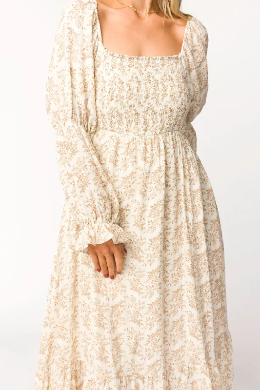 Elastic boho dress-Emerson Gauze Maxi Dress in Natural/Tan Floral - Bump Friendly