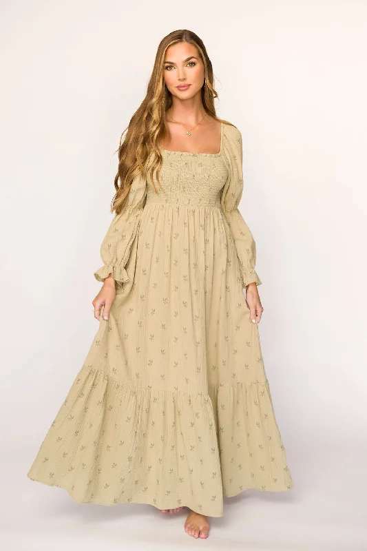 Tweed office dress-Emerson Gauze Maxi Dress in Thyme - Bump Friendly