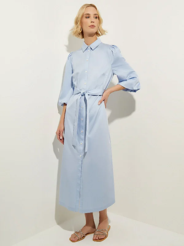 Lattice overlay dress-Puff Sleeve Cotton Midi Shirtdress