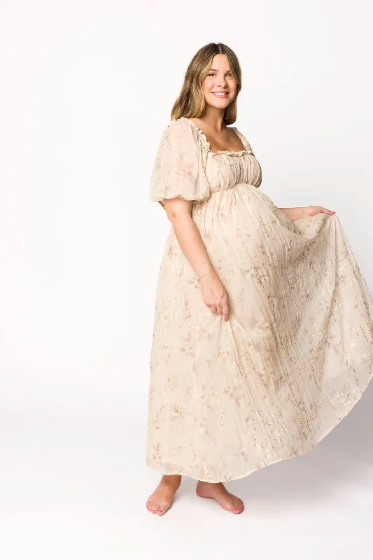 Loose smocked dress-Danielle Puffed Sleeve Maxi Dress in Light Beige Floral - Bump Friendly