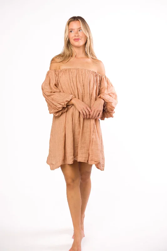 Glitzy club dress-Cassidy 100% Linen On/Off Shoulder Mini Dress in Mocha