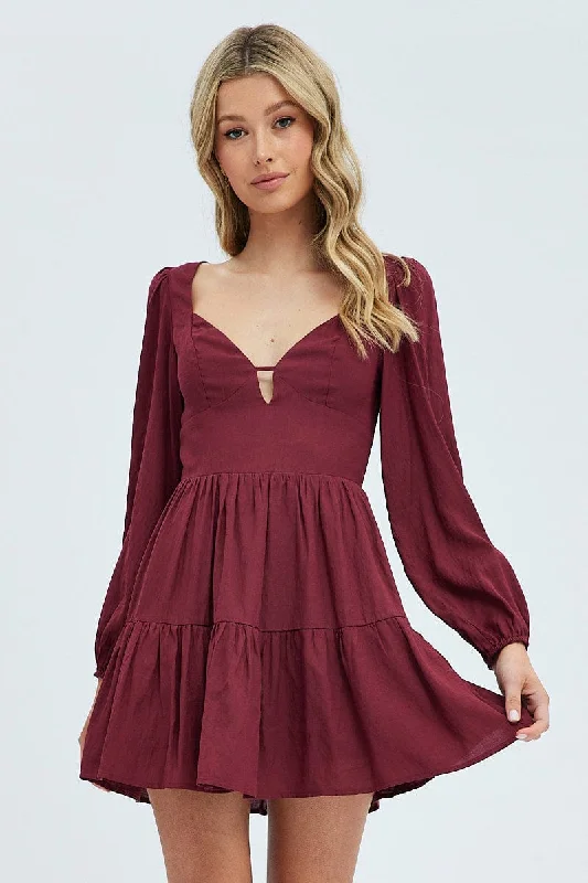 Coastal cruise dress-Purple Fit And Flare Dress Long Sleeve Mini