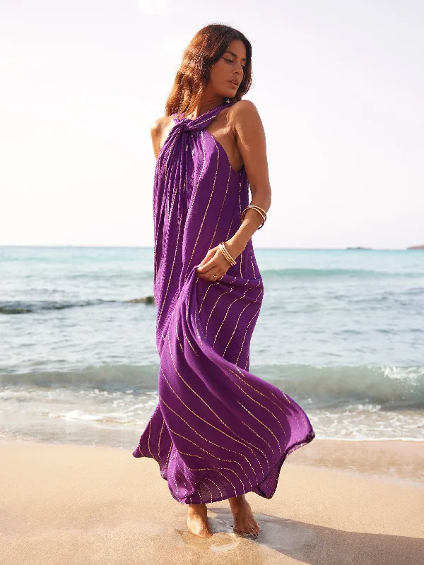 Wanderer tiered dress-Purple Lurex Twist Neck Maxi Dress