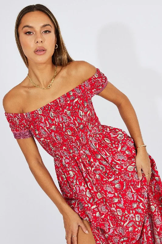 Swirl casual dress-Red Boho Maxi Dress Off Shoulder