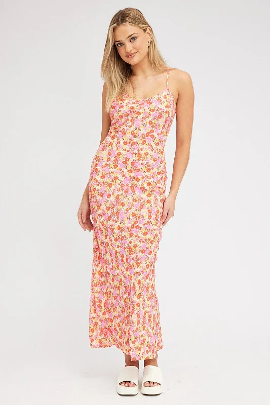 Hip festival dress-Red Floral Maxi Dress Bias Cut