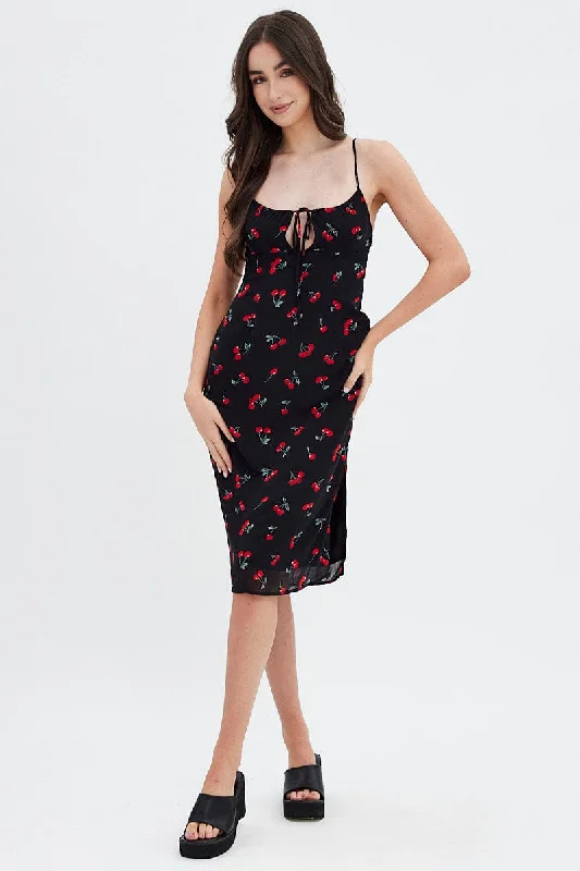 Pleated evening dress-Red Floral Midi Dress Grunge Floral Print