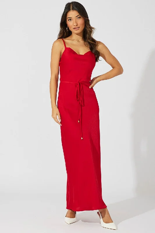 Mauve luxe dress-Red Maxi Dress Cowl Neck Satin