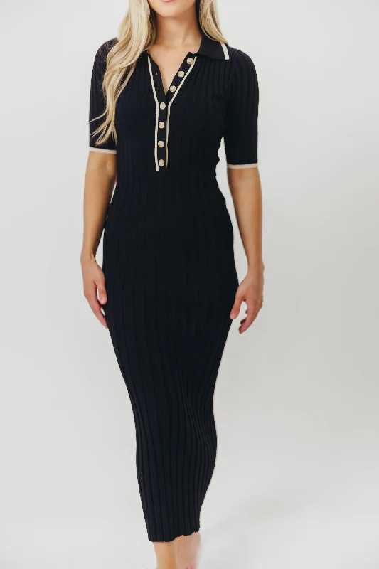 Hip festival dress-Addie Ribbed Button-Down Maxi Dress in Black - Nursing and Bump Friendly