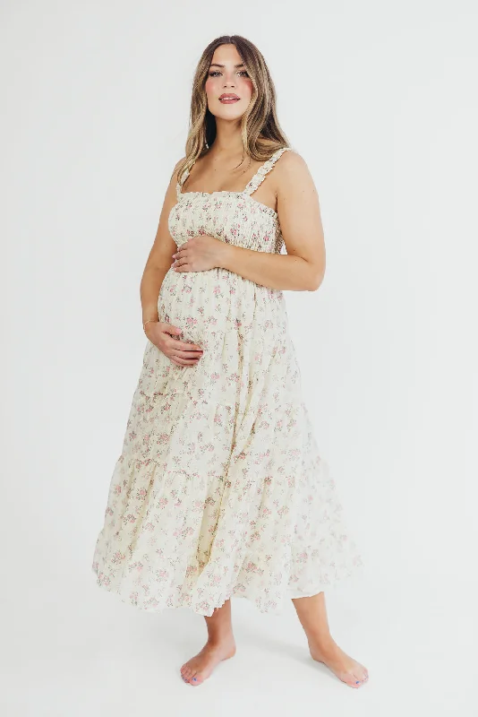 Thick plush dress-Ryan Ruffle Midi Dress with Embroidered Detail in Cream/Pink Floral