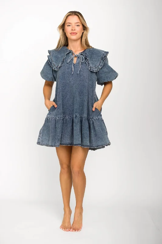 Frayed plaid dress-Cecile Denim Mini Dress with Collar in Medium Wash