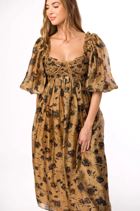 Knotted casual dress-Harlow Camel & Black Floral Maxi Dress with Stretchy Neckline - Bump Friendly (Read Description)