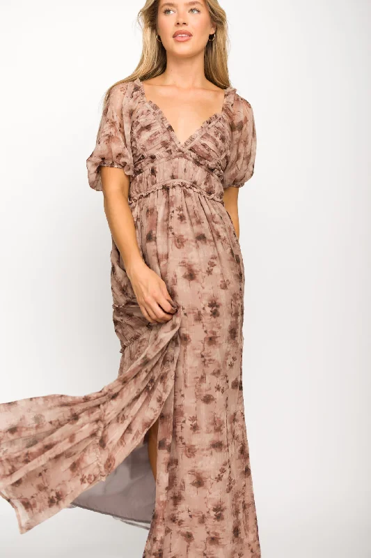 Plunge-neck picnic dress-Scottie Watercolor Maxi Dress in Taupe Floral