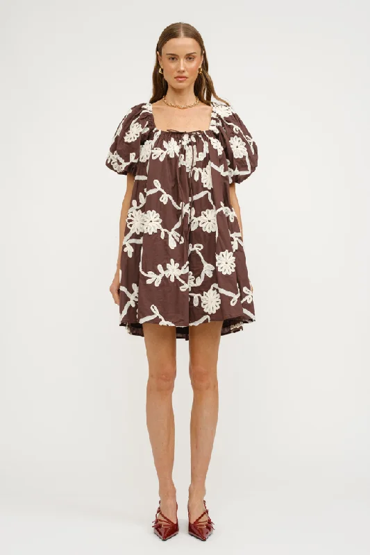 Sage muted dress-Short and Sweet Embroidered Mini Dress in Brown