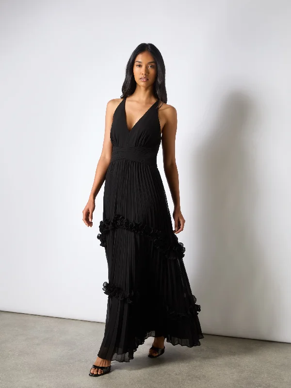 Plunge-neck dress-Sienna Black Pleated Frill Maxi Dress