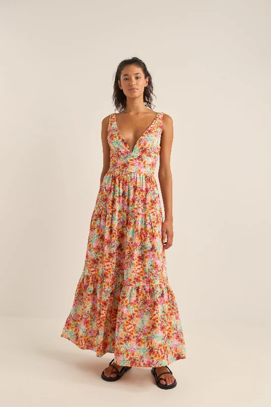 Ribbed cozy dress-Sierra Floral Tiered Maxi Dress Orange