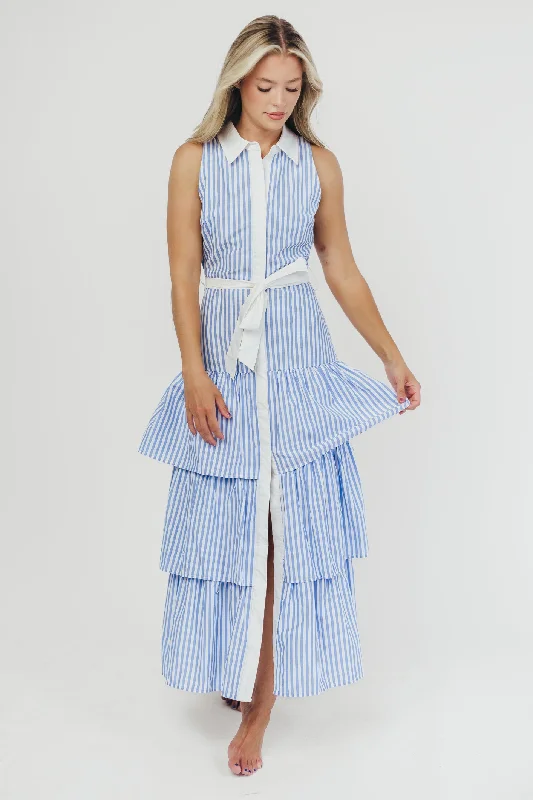 Relaxed maternity dress-Sutton Striped Button-Down Maxi Dress with Ruffled Skirt in Blue/White