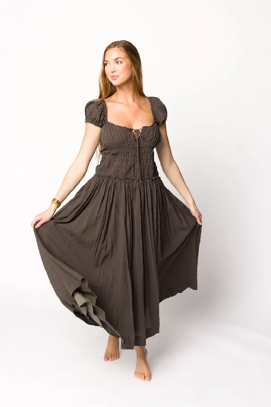 Desert casual dress-Aria Smocked Maxi Dress with Dropped Waist in Olive