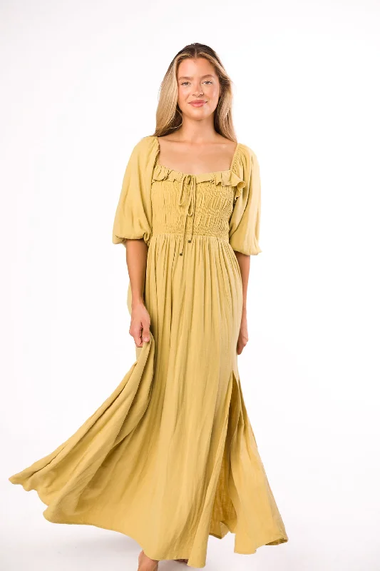 Play streamer dress-Devon Smocked Maxi Dress in Dusty Lime - Bump Friendly