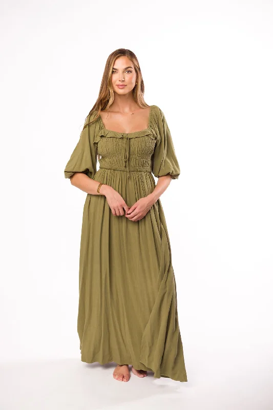 Bow-tie party dress-Devon Smocked Maxi Dress in Light Olive - Bump Friendly