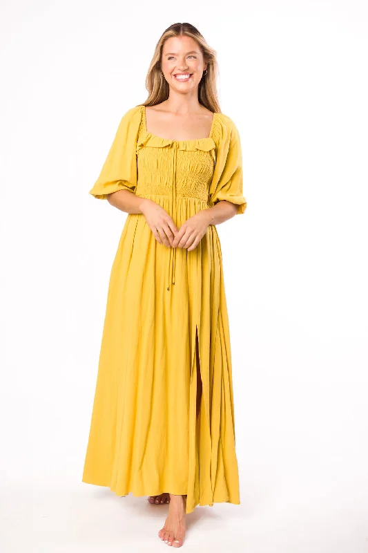 Tiered bridesmaid dress-Devon Smocked Maxi Dress in Mustard - Bump Friendly