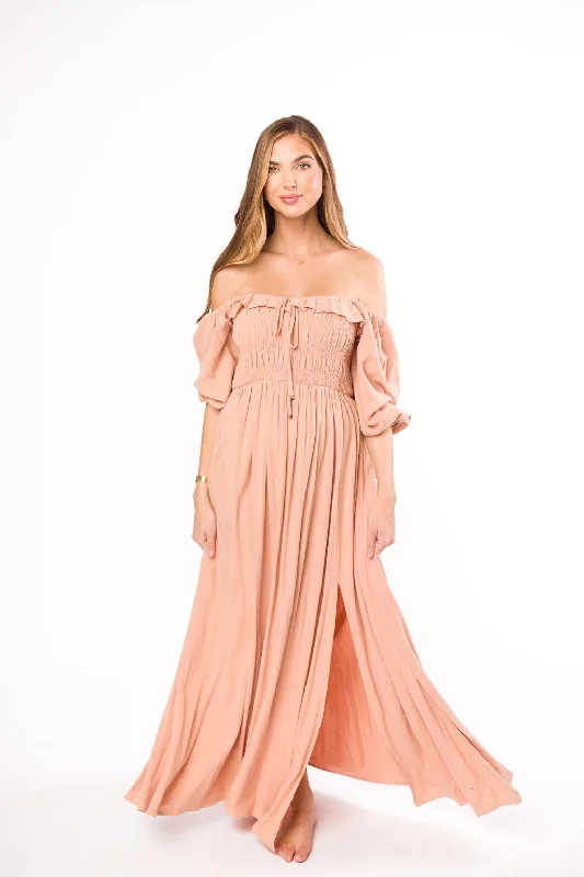 Easy twill dress-Devon Smocked Maxi Dress in Peach Clay - Bump Friendly