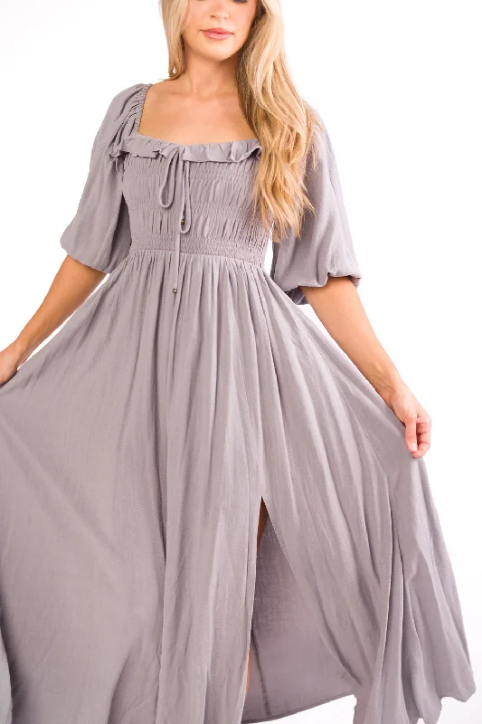 Gemstone gala dress-Devon Smocked Maxi Dress in Slate Grey - Bump Friendly