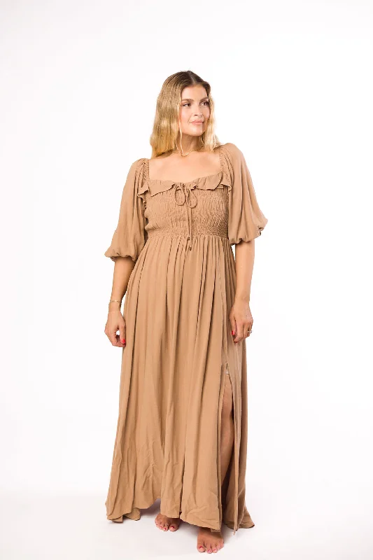 Vivid paradise dress-Devon Smocked Maxi Dress in Taupe - Bump Friendly