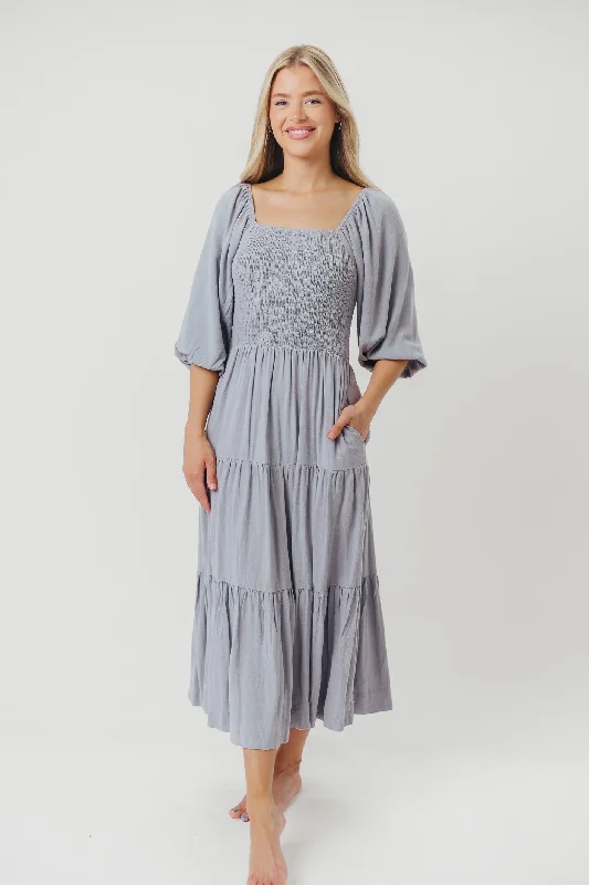 Zip-front vacation dress-Taylor Linen-Blend Smocked Midi Dress with Tiered Skirt in Blue Fog - Inclusive Sizing