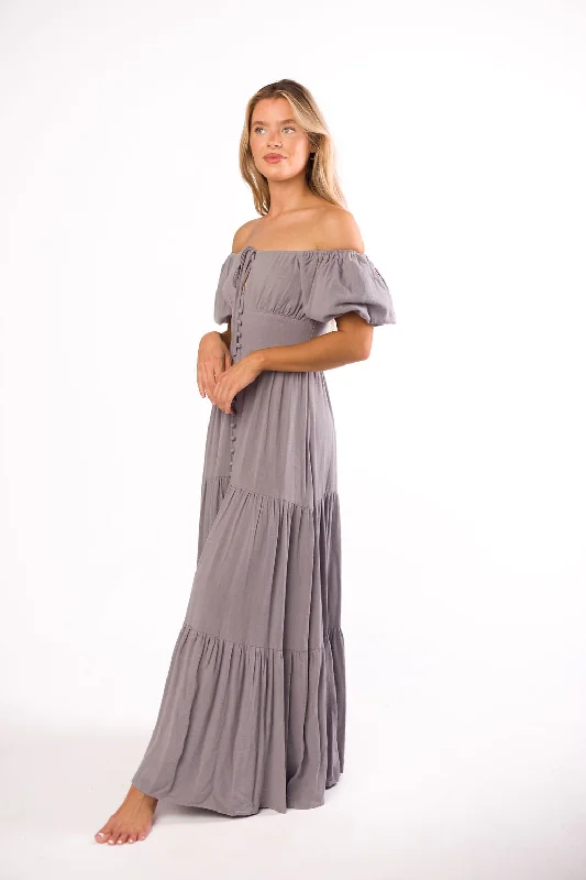 Sheer voile dress-Genevieve Tiered Maxi Dress in Slate Grey