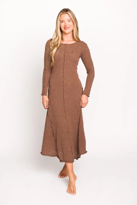 Bell-fit party dress-Selena Exposed Seam Midi Dress with Long Sleeves in Espresso (Lined)