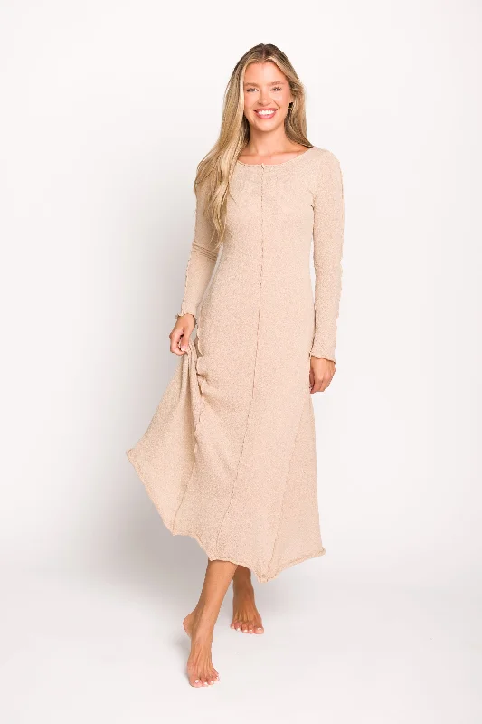 Argyle winter dress-Selena Exposed Seam Midi Dress with Long Sleeves in Oatmeal (Lined)