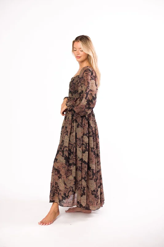 Bare metallic dress-Blaine Smocked Maxi Dress in Black Floral (Almost sold out, cannot be restocked)