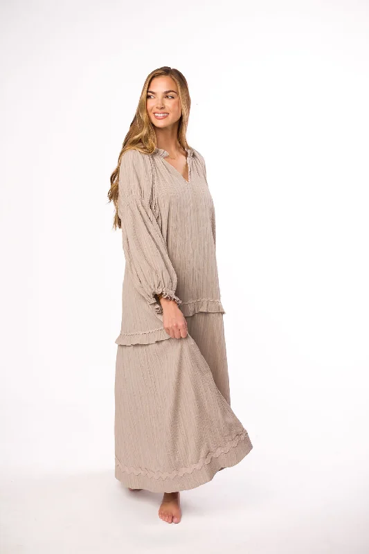 Splash-dye festival dress-Millie Textured Tiered Maxi Dress in Light Mocha