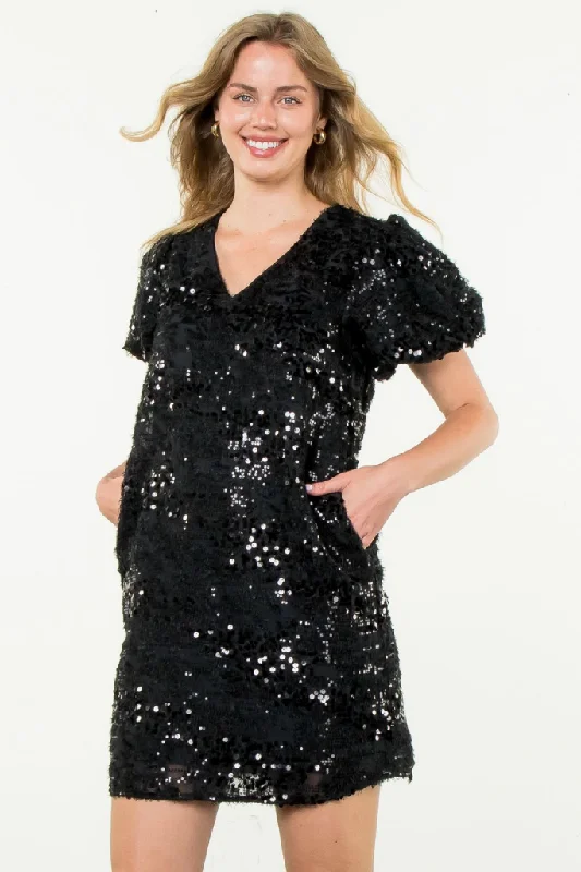 Fluid draped dress-Valentina Sequin Mini Dress in Black