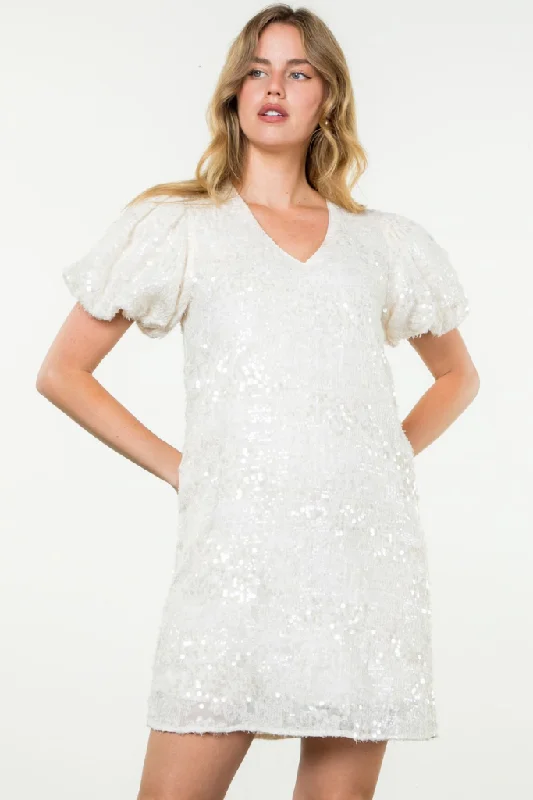 Crisp sheath dress-Valentina Sequin Mini Dress in Cream