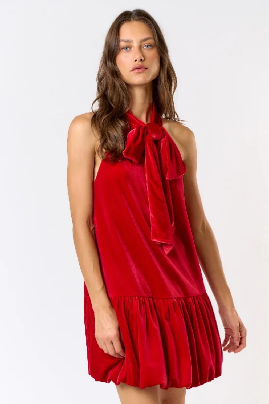 Crepe cocktail dress-Velvet Halter Bow Mini Dress