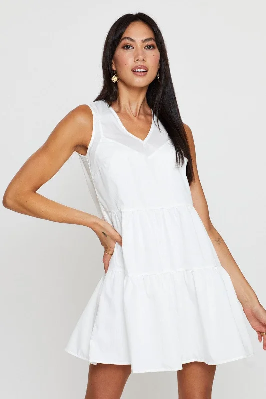 Offbeat trendy dress-White A Line Dress Mini V Neck