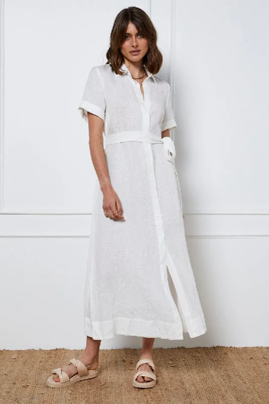 Textured linen dress-White A Line Dress Short Sleeve Maxi