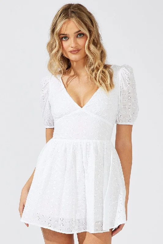 Braided beach dress-White Fit And Flare Dress Puff Sleeve Mini