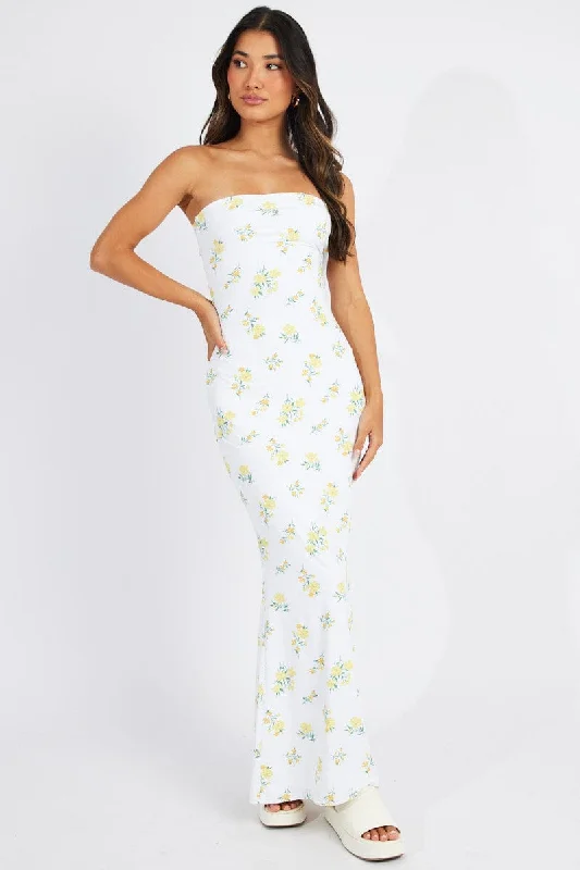 Tiered midi dress-White Floral Bandeau Maxi Dress Bouquet Flower Dress