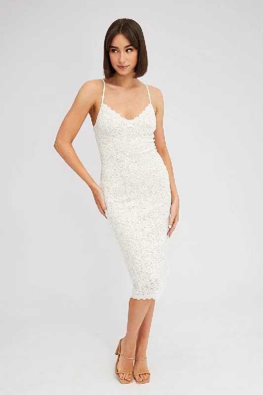 Bell-fit party dress-White Midi Dress Sleeveless V-Neck Bodycon Lace Stretch