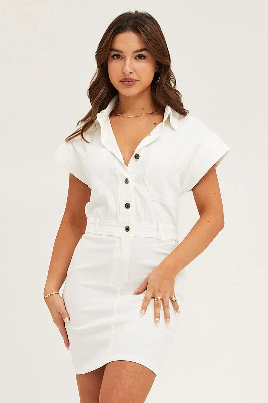 Puffy tufted dress-White Mini Dress Short Sleeve Evening