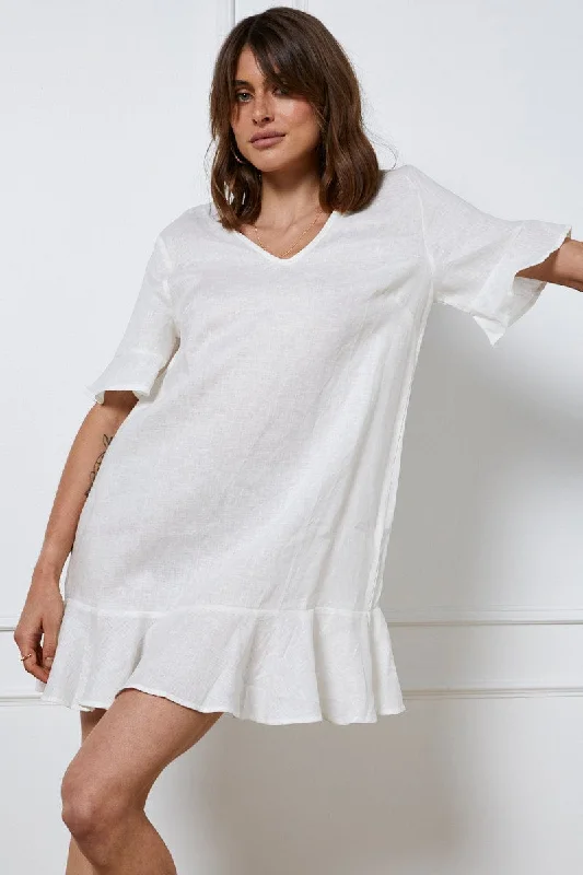 Tiger print dress-White Mini Dress Short Sleeve Linen